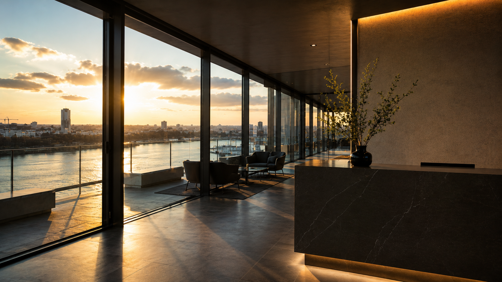 Empfang mit Rheinblick und Abendlicht