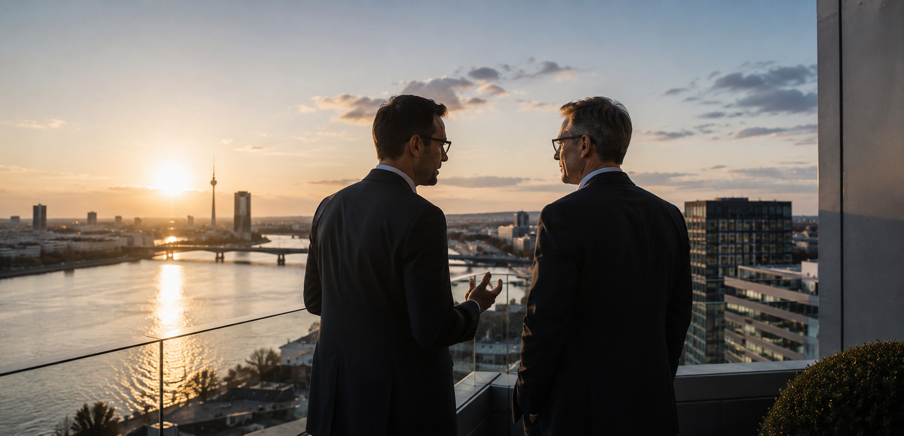 Zwei Investoren betrachten ein Projekt über einer deutschen Skyline im Abendlicht