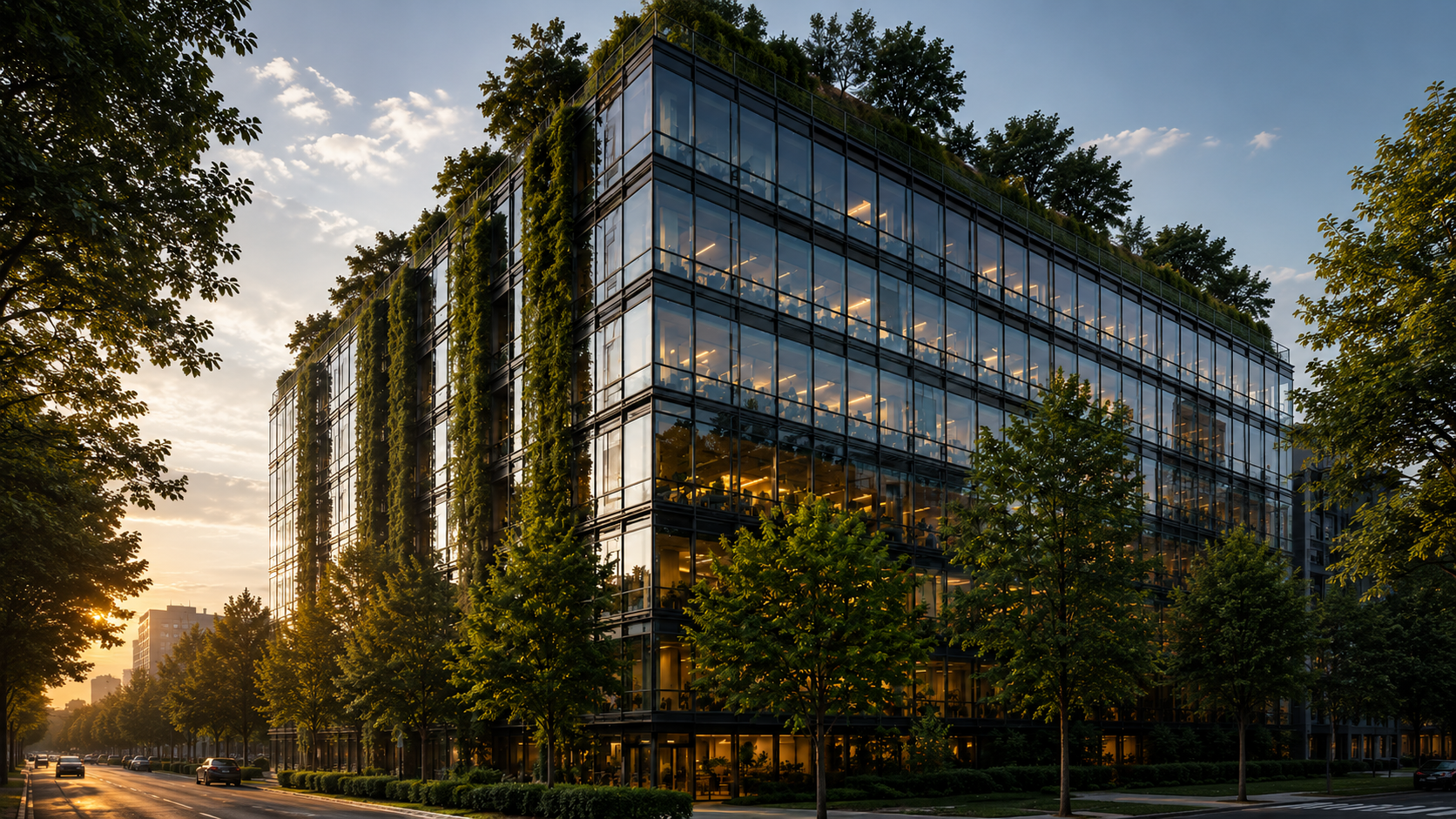 Nachhaltiges Bürogebäude mit begrünter Fassade